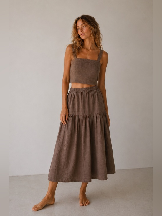 First Rite Dresses & Skirts - First Rite Lia & Amar 100% Linen Matching Set Brown Tank Top Skirt Size S